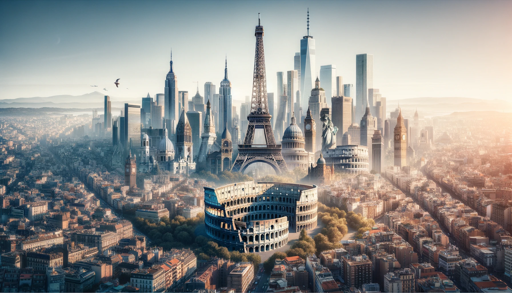 An imaginative cityscape blending iconic landmarks highlighting Nicola Lazzari's AI translation expertise