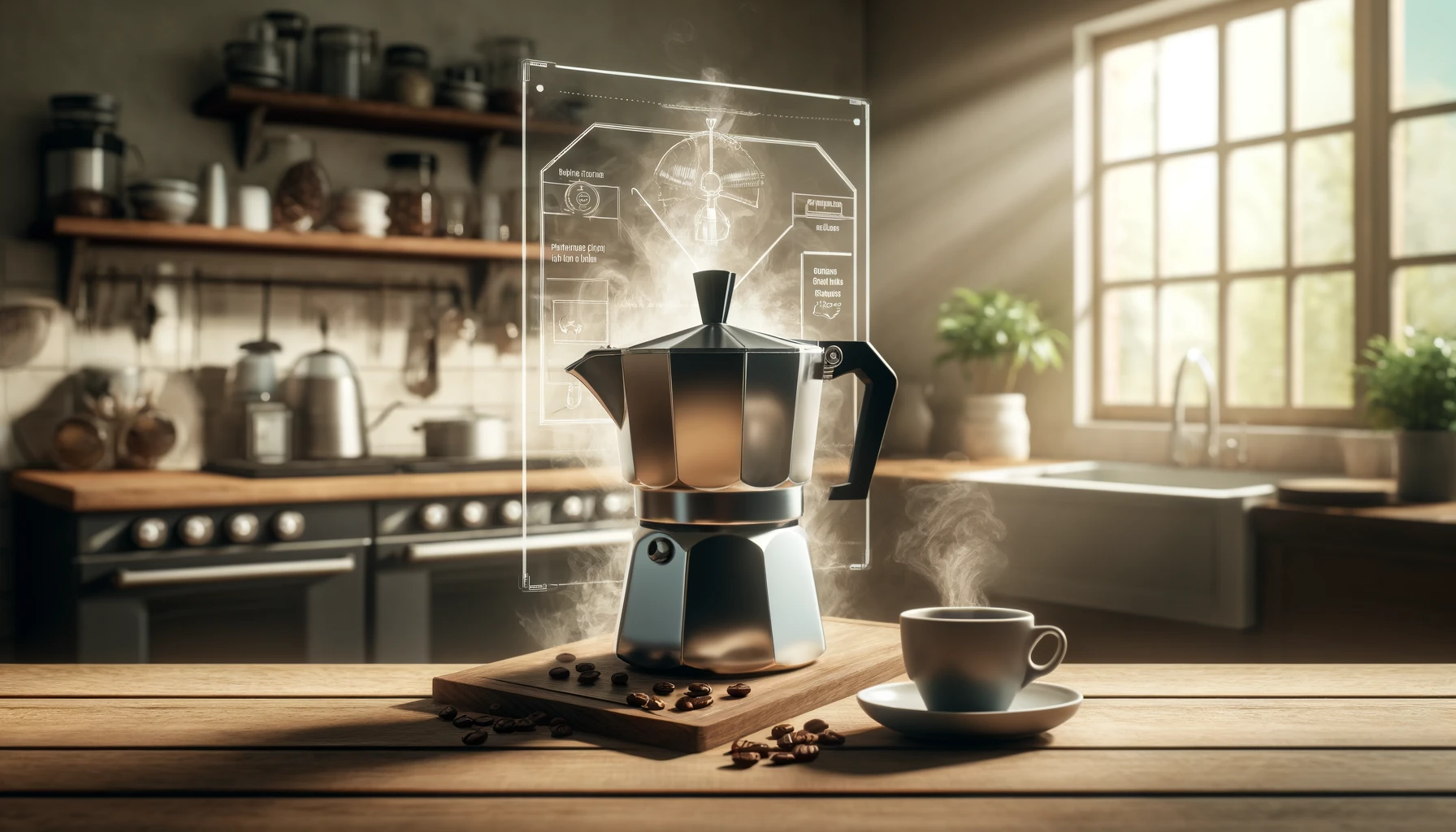 A modern espresso maker with steam and coffee beans on a kitchen counter, evoking a warm, inviting aroma, with a diagram created wit PUML